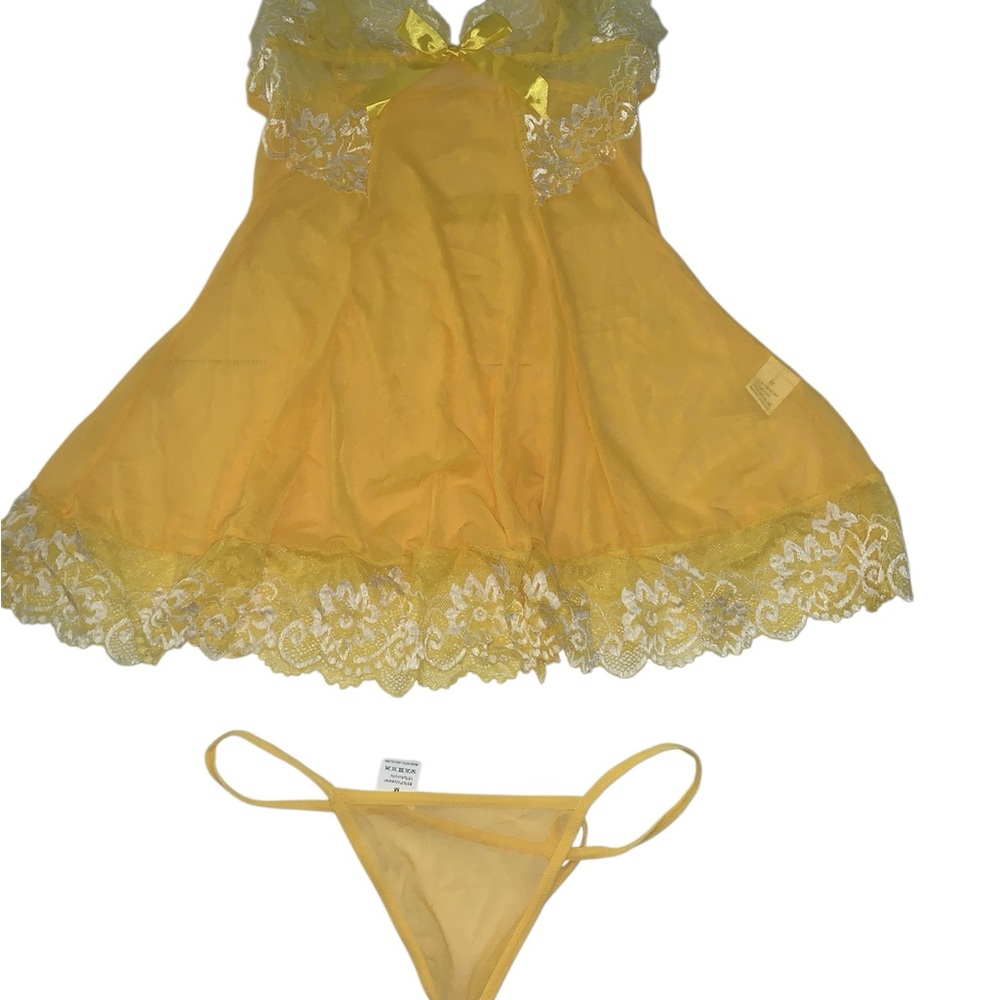 Women medium sleepwear babydoll lace sheer  & G string  Set- yellow new